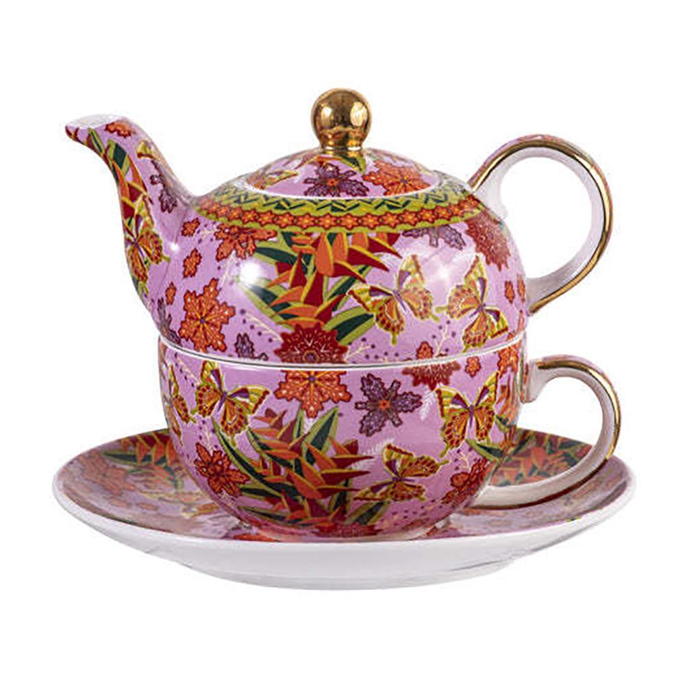 Ashdene 400ml Butterfly Heliconia Tea For One Brewing Lid Teapot Cup Saucer Set