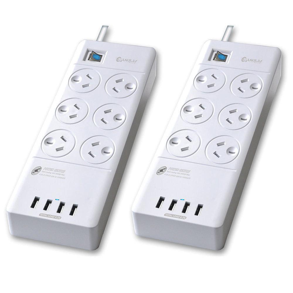 2pc Sansai Power Board 6 Way Outlets Socket 4 USB Charger Ports/Surge Protector