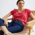 KATIES - Womens Tops - Red - Knitwear - V Neck Top - Broderie Anglaise Blouse - Cap Sleeve T Shirt - Lightweight Knit - Summer Tee - Women's Clothing