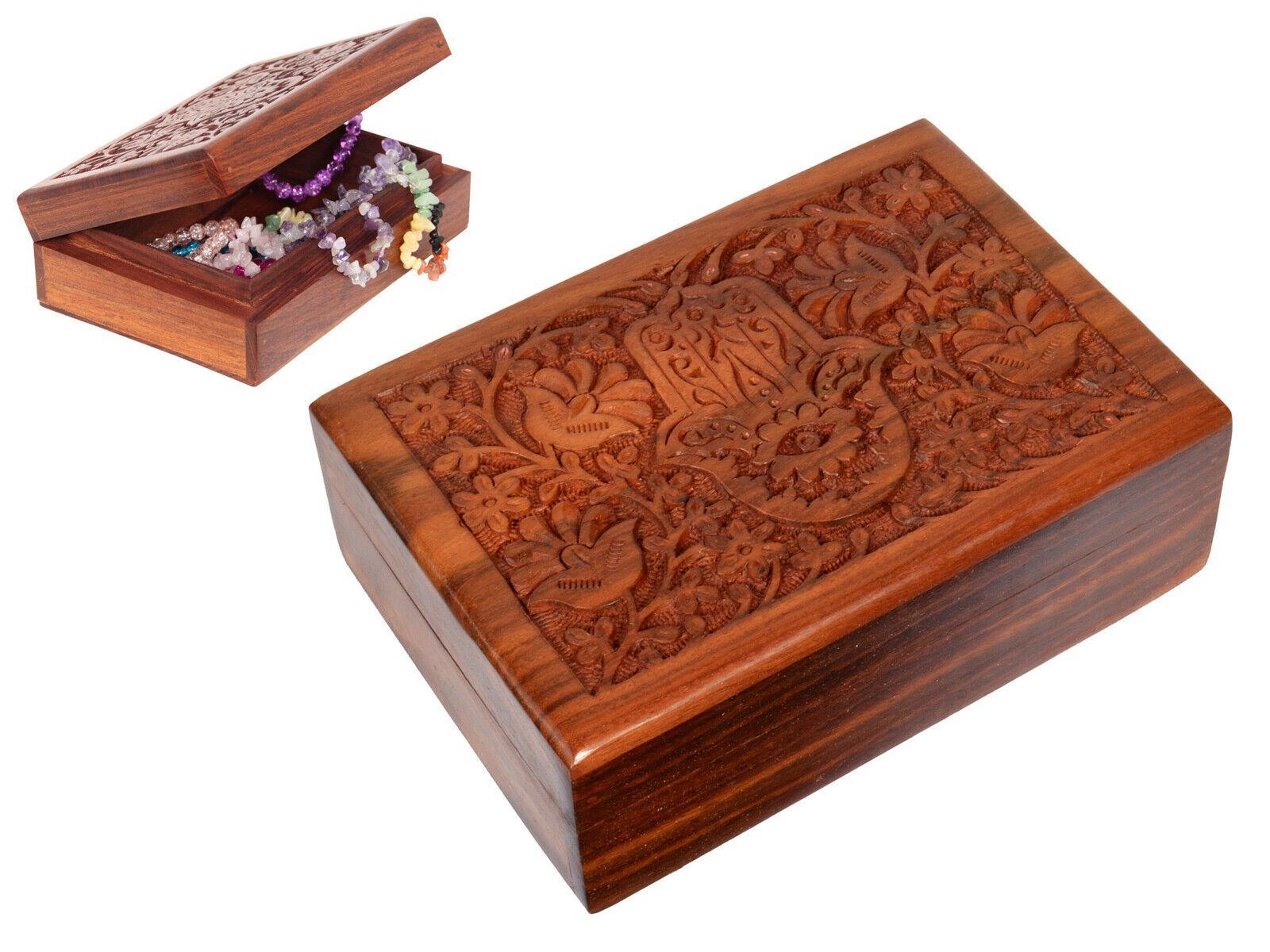 1pc 18x13cm Carved Hamsa Sheesham Wood Box 5x7" Jewellery Trinket Storage Wooden