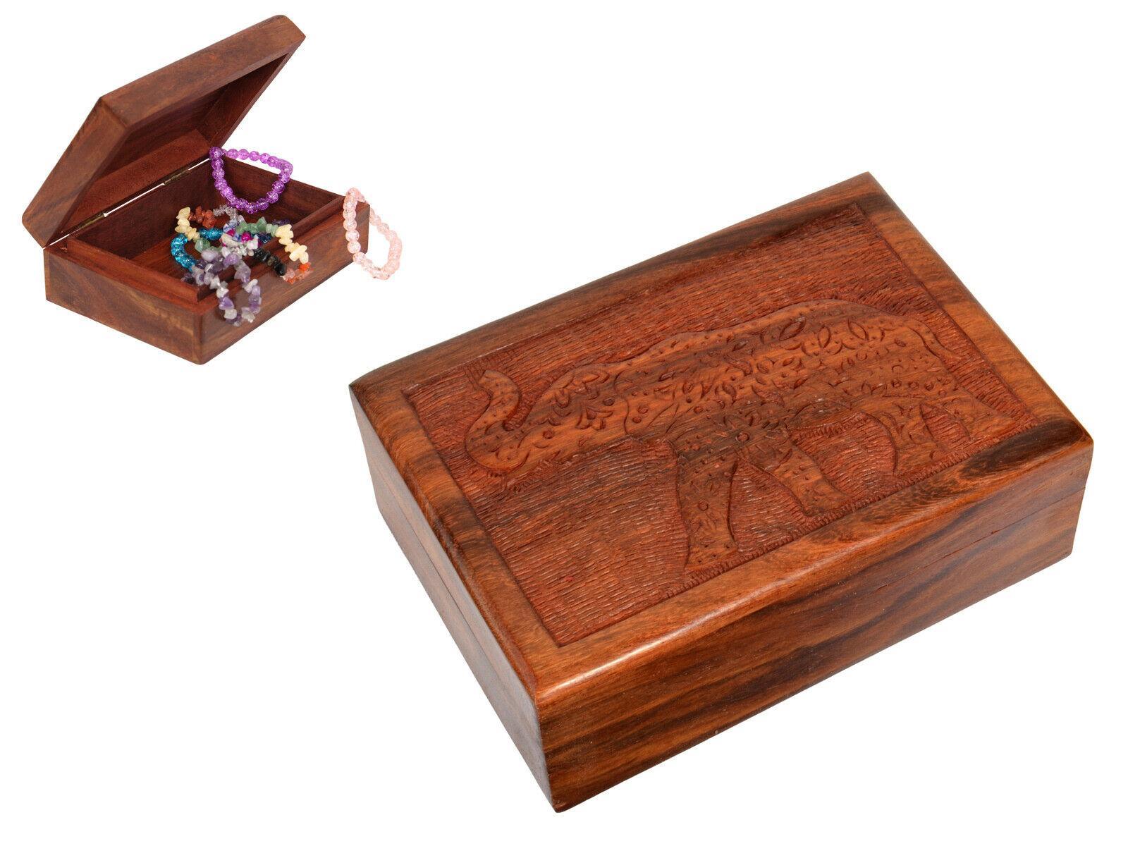 1pc 18x13cm Carved Mandala Elephant Sheesham Wood Box 5x7" Jewellery Trinket Storage