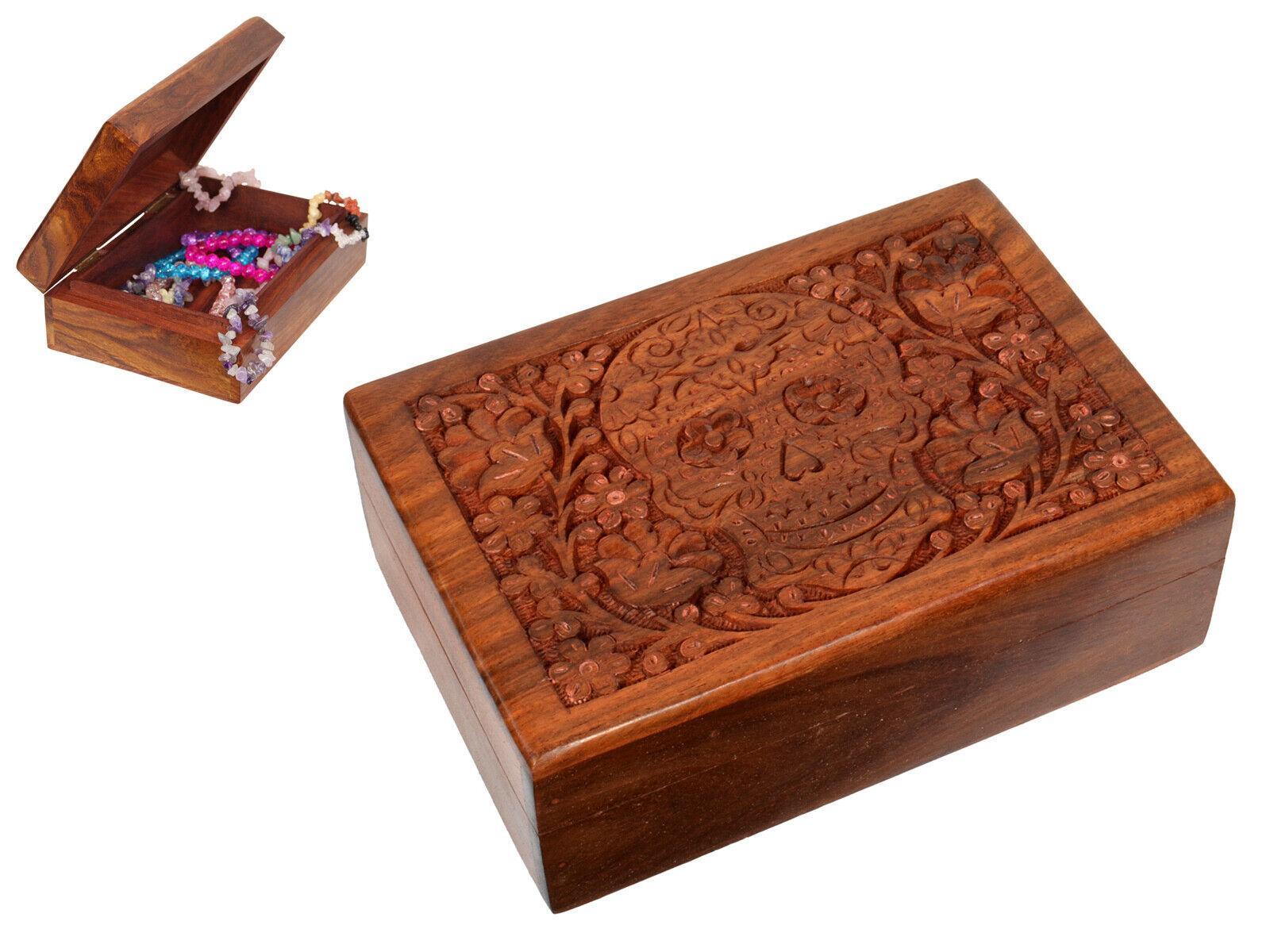1pc 18x13cm Candy Skull Carved Sheesham Wood Box 5x7" Jewellery Trinket Storage