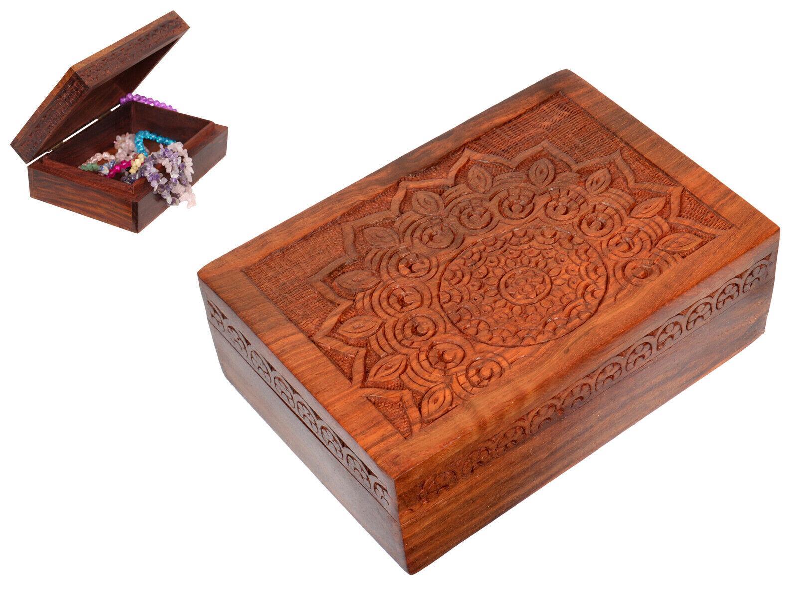 1pc 18x13cm Mandala Carved Sheesham Wood Box 5x7" Jewellery Trinket Storage Wooden