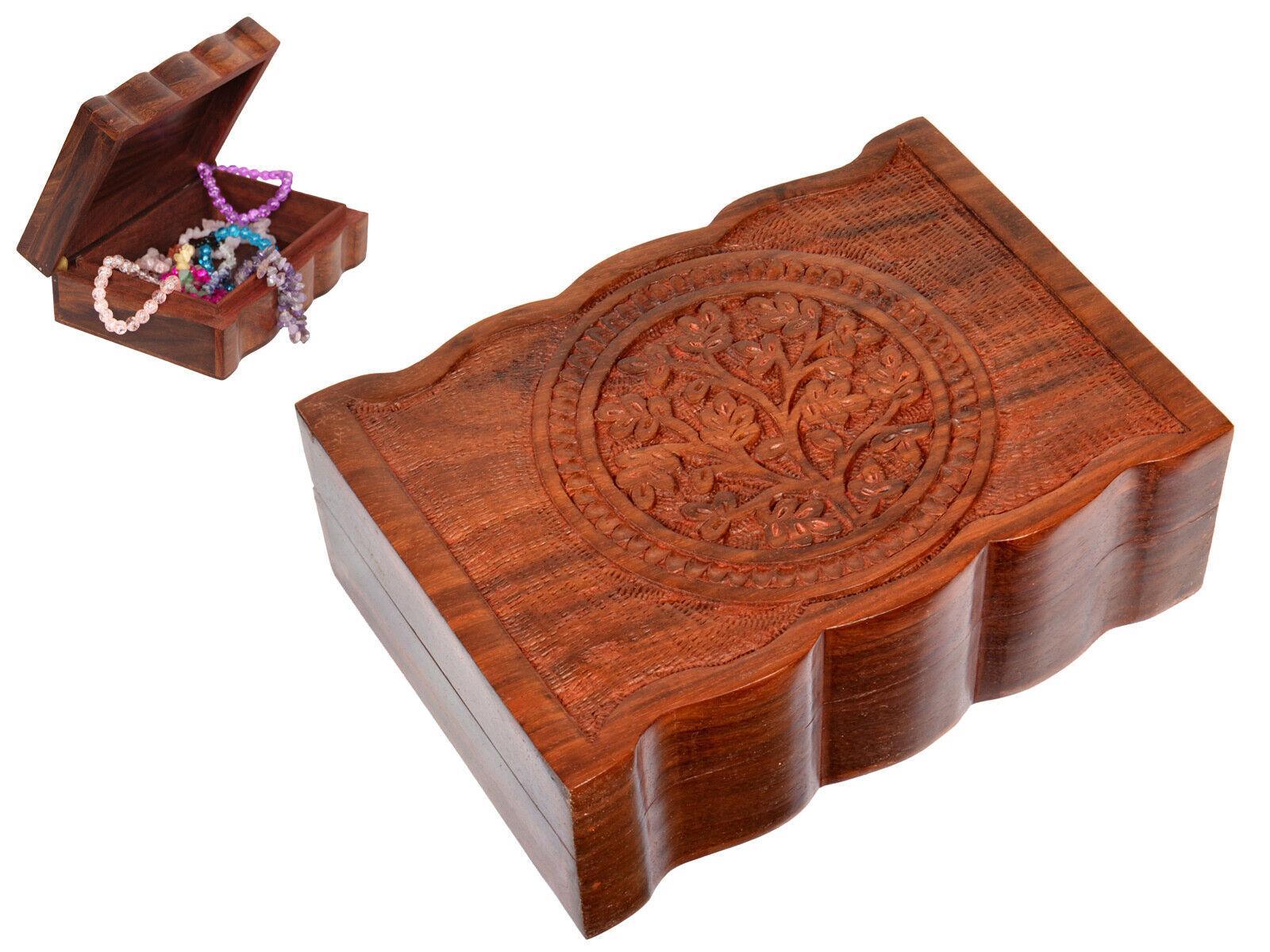 1pc 18x13cm Carved Flower Of Life Sheesham Wood Box 5x7" Jewellery Trinket Storage