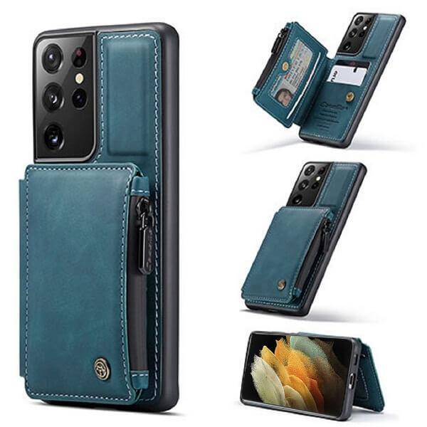 For Samsung Galaxy S21 Ultra CaseMe Back Zipper Wallet Case W/ 3 Card Slots, RFID Blocking, 1 Money Pocket, Credit Card Holder Leather Cover (Teal Blue)