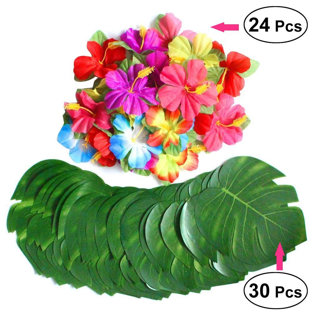 30pcs 8 inch Artificial Plant Simulation Leaf Tropical Palm Leaves and 24pcs Lifelike Hibiscus Flowers Petals for DIY Hawaiian Luau Party Decoration