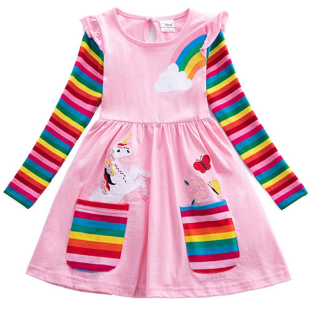 GoodGoods Girls Children Midi Dress Crew Neck Stitched Flying Sleeves Long Sleeve Unicorn Rainbow Cute Dresses(Pink,6-7 Years)