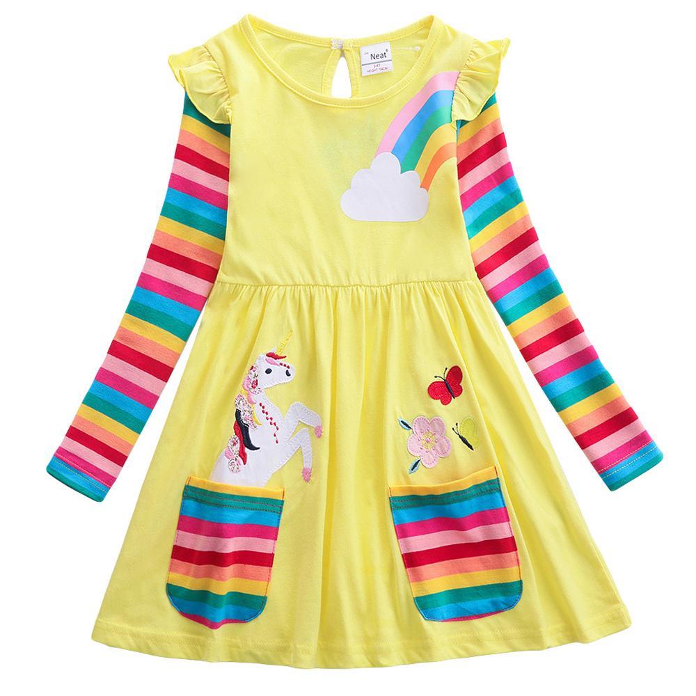 GoodGoods Girls Children Midi Dress Crew Neck Stitched Flying Sleeves Long Sleeve Unicorn Rainbow Cute Dresses(Yellow,3-4 Years)