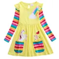 GoodGoods Girls Children Midi Dress Crew Neck Stitched Flying Sleeves Long Sleeve Unicorn Rainbow Cute Dresses(Yellow,6-7 Years)