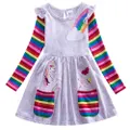 GoodGoods Girls Children Midi Dress Crew Neck Stitched Flying Sleeves Long Sleeve Unicorn Rainbow Cute Dresses(Grey,3-4 Years)