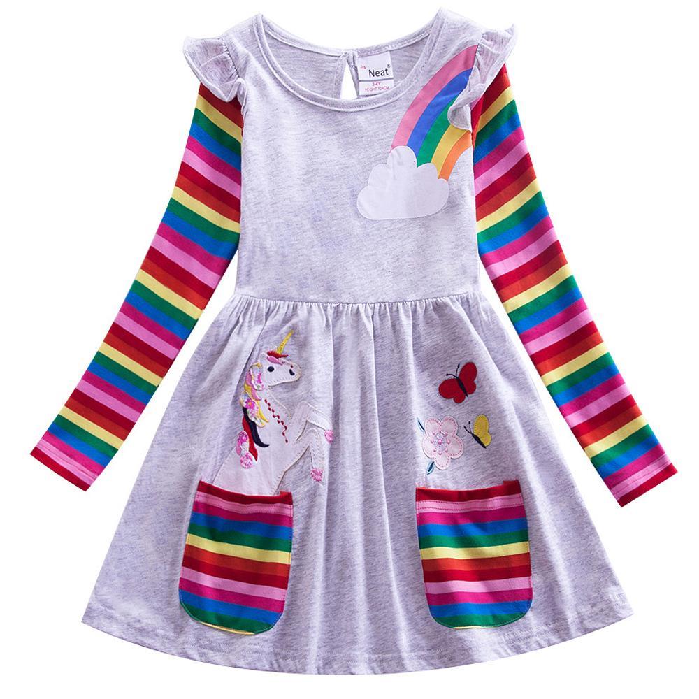 GoodGoods Girls Children Midi Dress Crew Neck Stitched Flying Sleeves Long Sleeve Unicorn Rainbow Cute Dresses(Grey,7-8 Years)