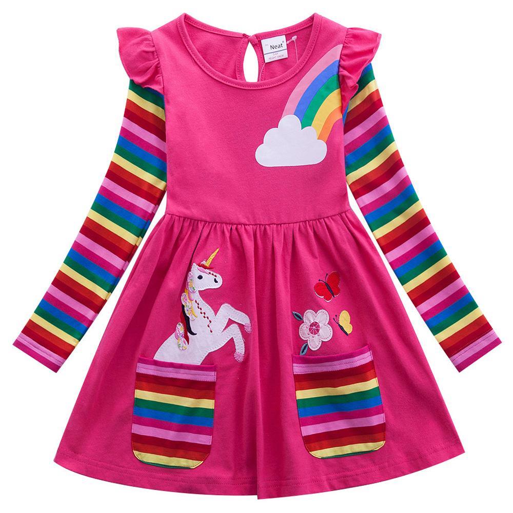 GoodGoods Girls Children Midi Dress Crew Neck Stitched Flying Sleeves Long Sleeve Unicorn Rainbow Cute Dresses(Rose Red,3-4 Years)