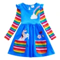 GoodGoods Girls Children Midi Dress Crew Neck Stitched Flying Sleeves Long Sleeve Unicorn Rainbow Cute Dresses(Light Blue,3-4 Years)