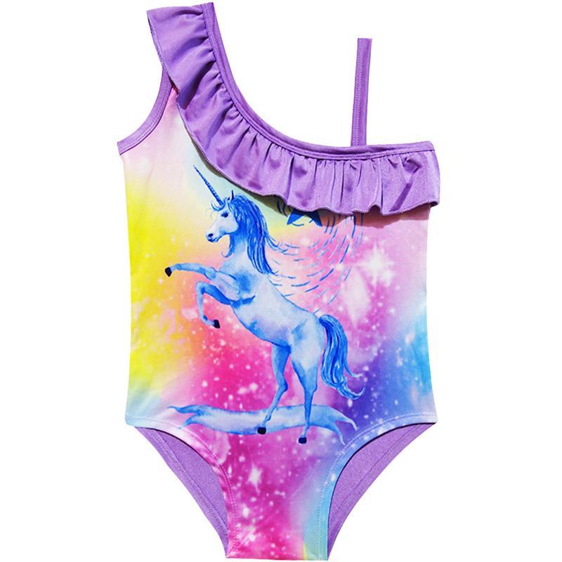 GoodGoods Girls Unicorn One Piece Swimsuit Half Strap Half Short Sleeve Toddler Bathing Swimwear(Purple,9-10 Years)