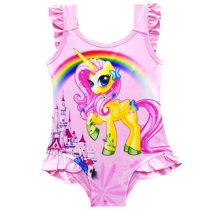 GoodGoods Girls One Piece Swimsuit Rainbow Unicorn Kids Swimming Cosplay Ruffle Swimsuits(Pink,9-10 Years)