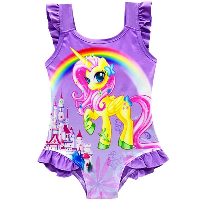 GoodGoods Girls One Piece Swimsuit Rainbow Unicorn Kids Swimming Cosplay Ruffle Swimsuits(Purple,5-6 Years)