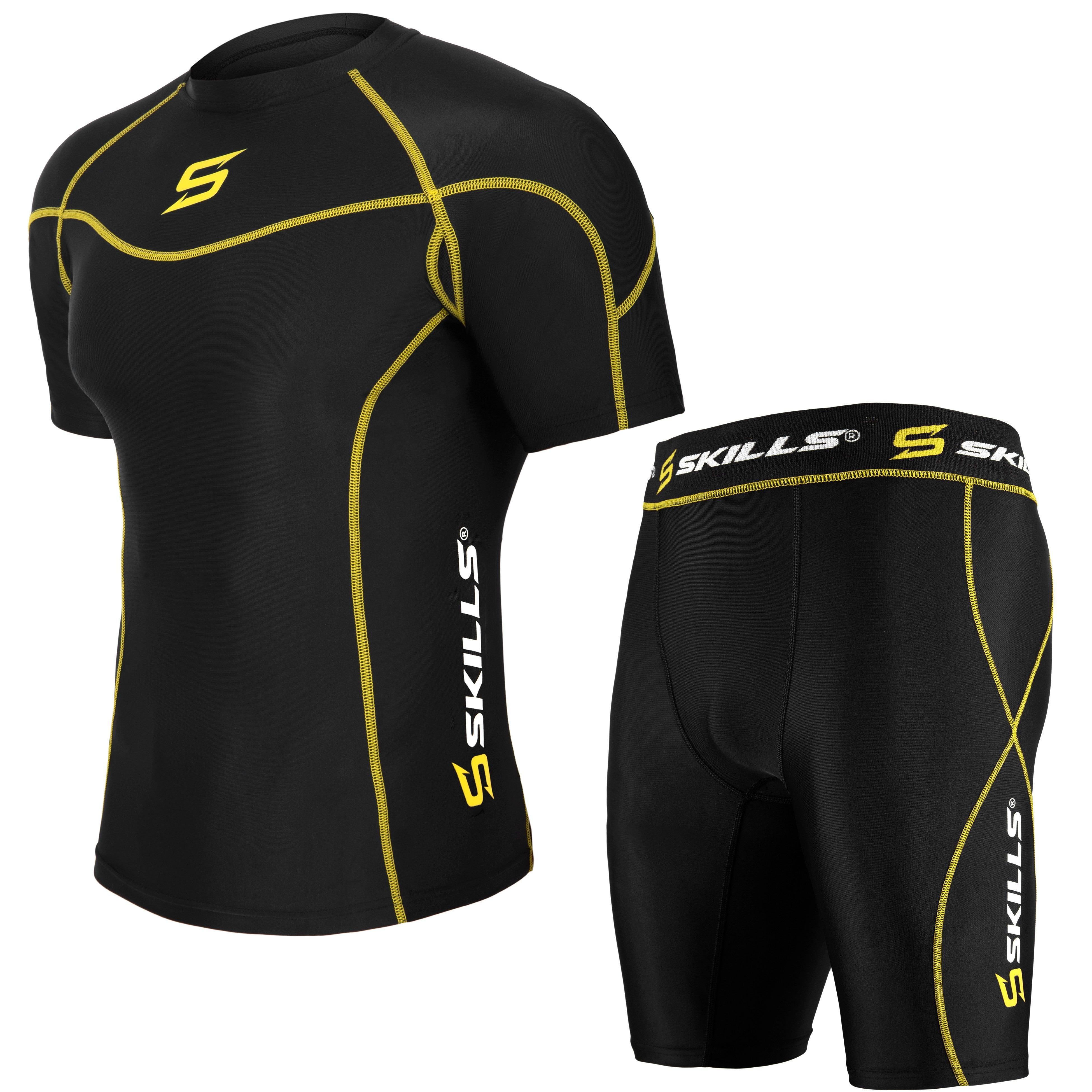 Skills Men's Black / Fluro Compression Base Layer Short sleeve shirt and shorts Set