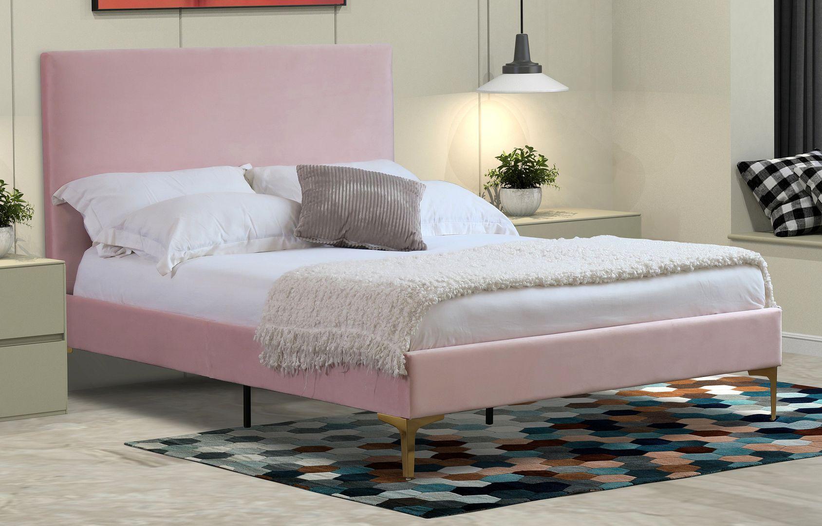 Istyle Modern Classic Cristian Double Velvet Bed Frame Pink with Gold Legs