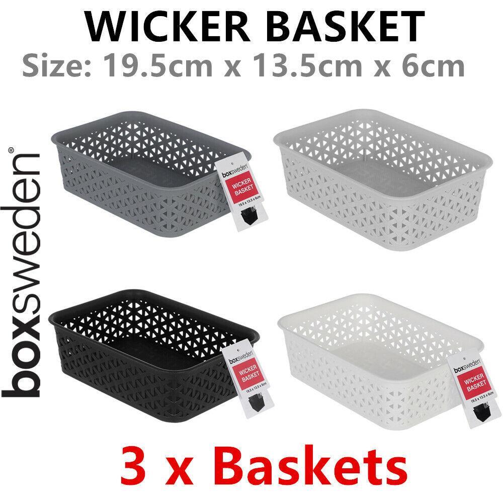 3 x Wicker Pattern Plastic Storage Baskets Tubs Organizer Drawer 19.5X13.5X6CM