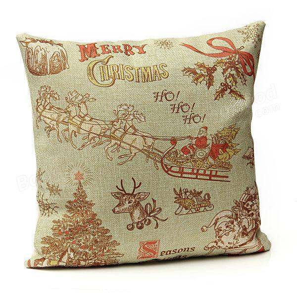 Christmas Cotton Linen Pillow Case Vintage Stamp Sofa Cushion Cover
