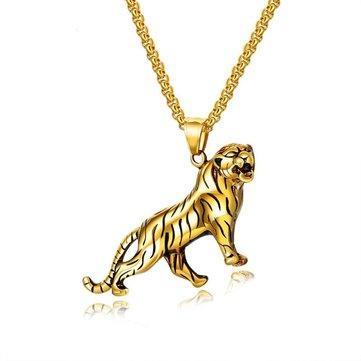 Personality Domineering Gold Silver Men's Chain Necklace Tiger Titanium Steel Pendant GOLD COLOUR