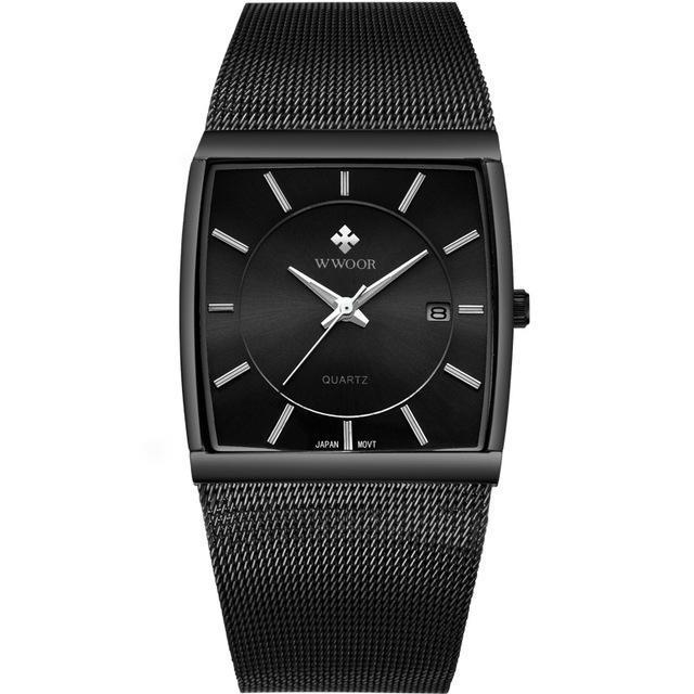 Square Dial Luminous Display Men Wristwatch Mesh Steel Calendar Quartz Watch Black Colour