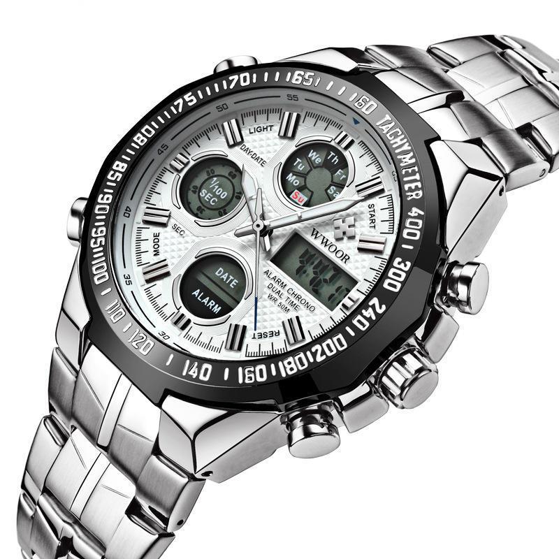 8019 Led Alarm Digital Watch Full Steel Business Style Dual Display