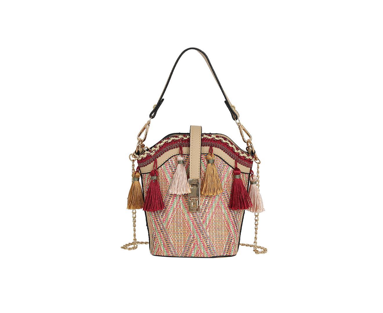 Fashion Shell Bucket Bag Tassel Straw Beach Bag Ladies Shoulder Messenger Bag Handbag Chain Small Bag-Brown