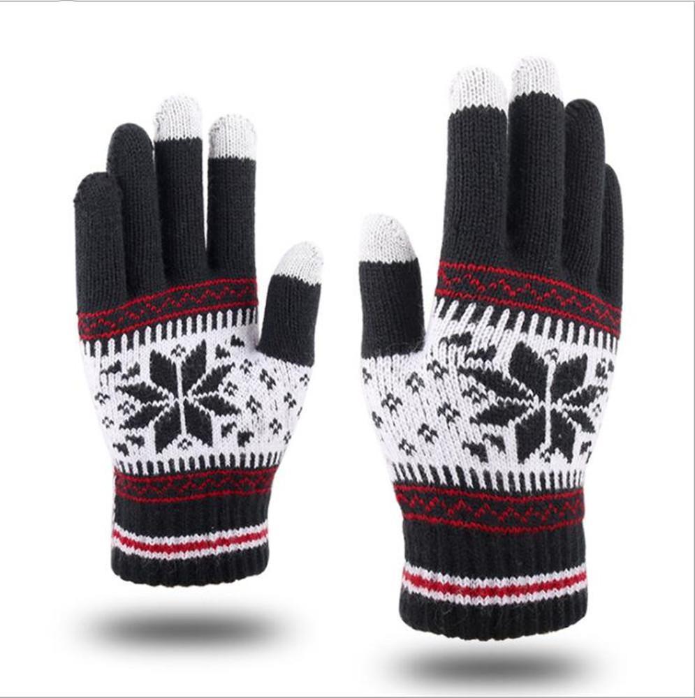 Warm Winter Screen Sense Gloves Wool Knitted Wrist Gloves Snowflake Full Finger Unisex Gloves Mitten(Black)