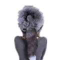 Silver Fox Ladies Winter Thick Warm Fox Fur Bomber Hat with Tail, Size:52-60cm