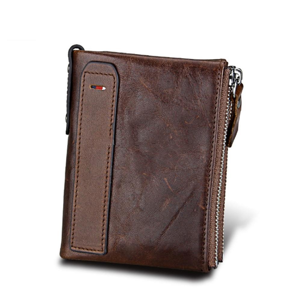 Genuine Cowhide Leather Crazy Horse Texture Dual Zipper Short Style Card Holder Wallet RFID Blocking Card Bag Protect Case for Men, Size: 12.1*9.4*2.7cm(Coffee)