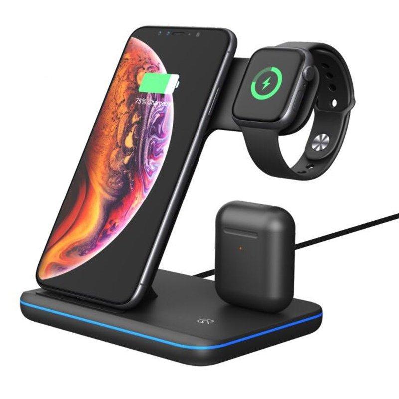 3 in 1 Universal 15W Qi Wireless Charger for Iphone X 8 Xiaomi Quick Charge 3.0 Fast Charger Dock Stand for Apple Airpods Watch 4 3 2 1 black
