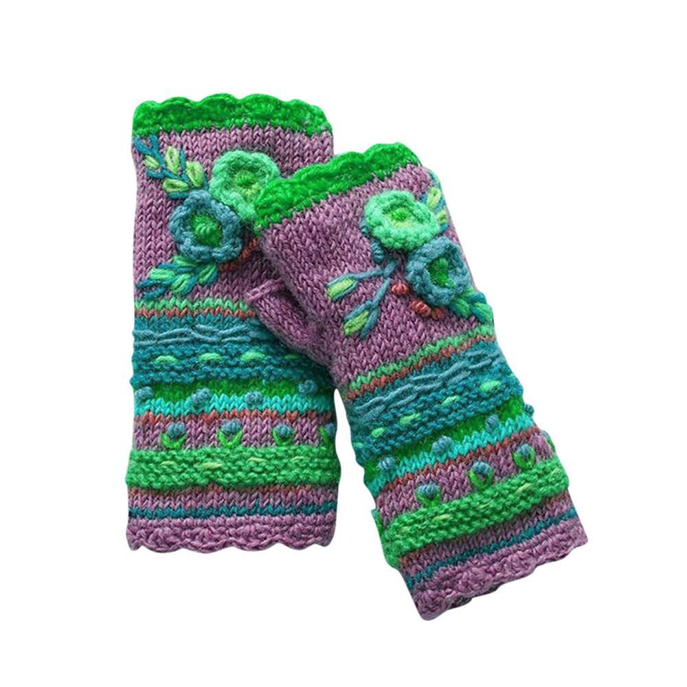 Embroidery Gloves Women Knitted Fingerless Plus Velvet Color Block Splice Mittens Womens Girls Gloves Rekawiczki Damskie #T2G