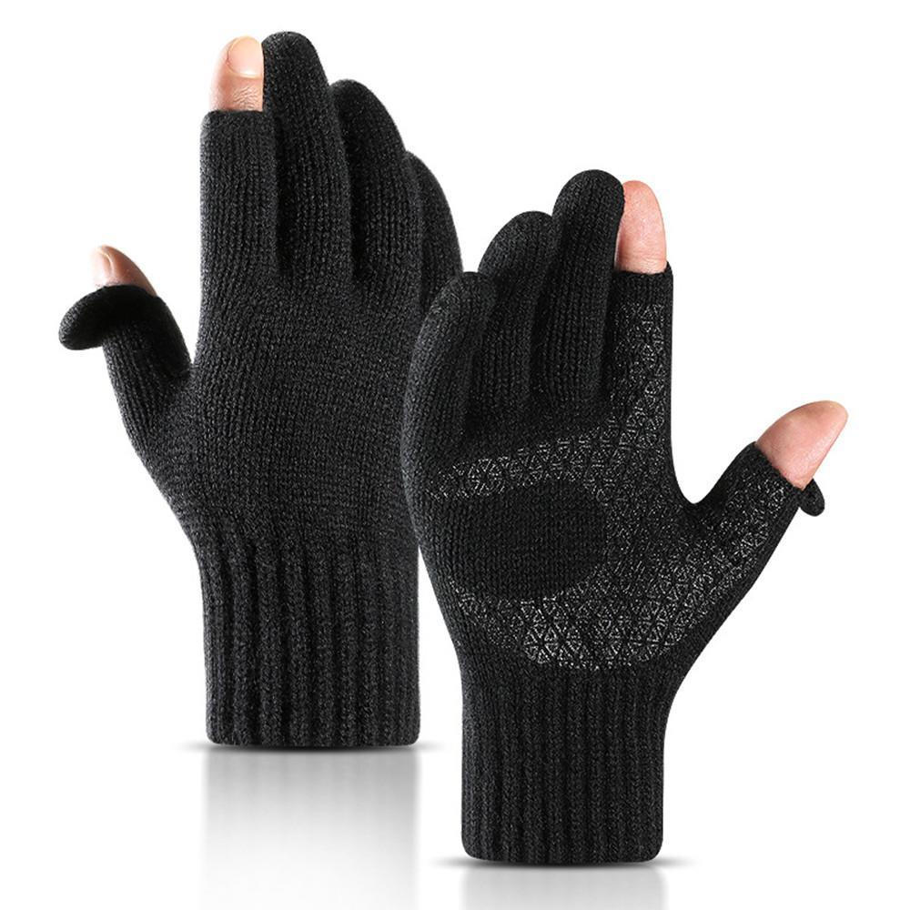 Knitted Gloves for Men and Women Fall and Winter Windproof and Velvet Thickened Non-slip Warmth Fingerless Fishing Riding Gloves