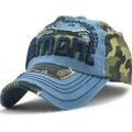 Camo Distressed Baseball Cap Embroidery Curved Bill Dad Hat Cotton Strapback Blue