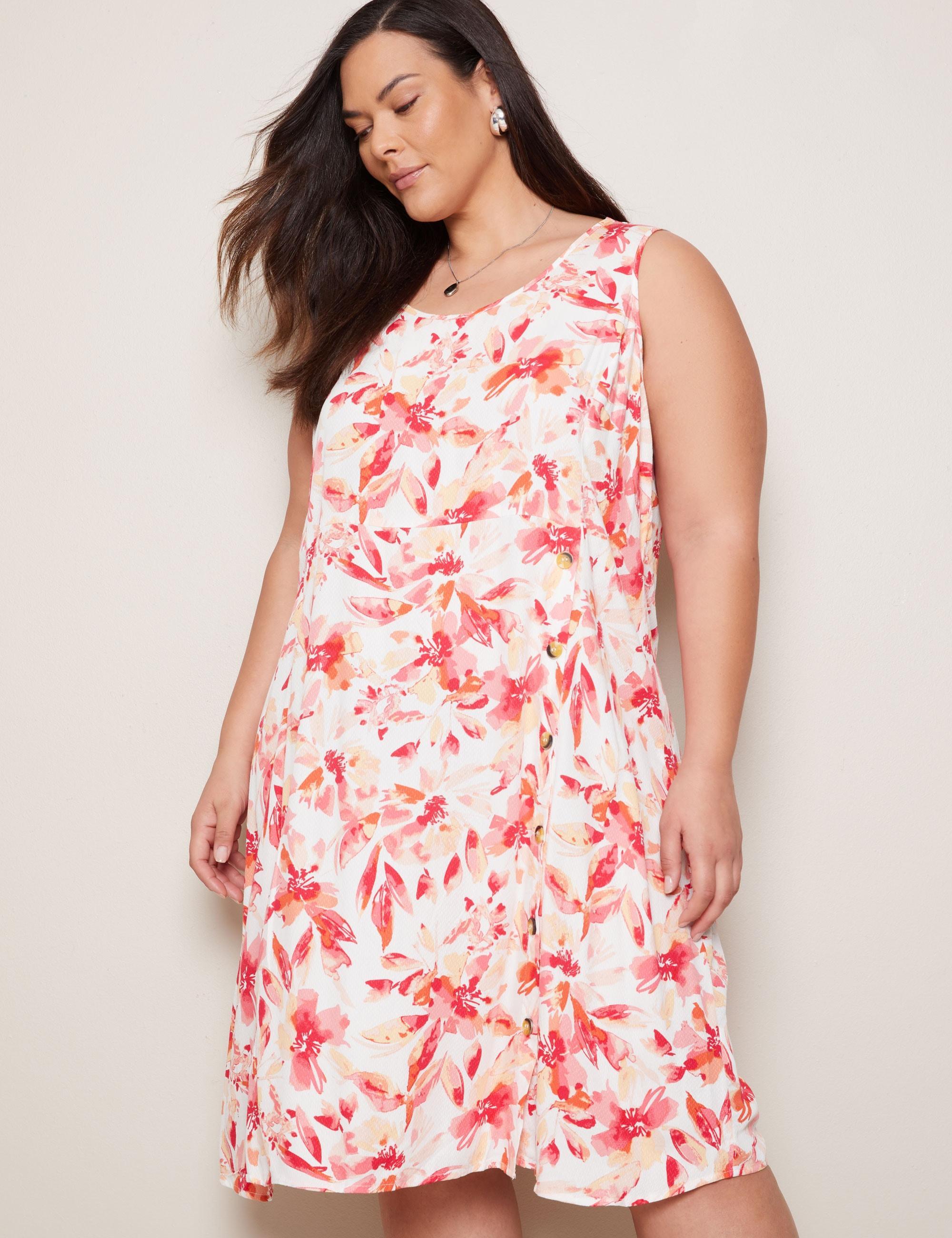AUTOGRAPH - Plus Size - Womens Midi Dress - Pink - Summer Floral Shift Dresses - Bright Florals - Sleeveless - Florals - Relaxed Fit Women's Clothing
