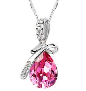 Swarovski Elements Luxury Crystal Water drop Teardrop shaped Fashion Pendant Necklace HotPink