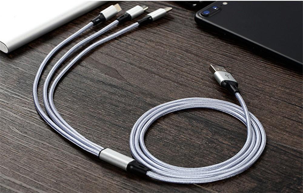 High quality Nylon Braided Type C Lightning Micro USB Data Cable 3 in 1 Fast Charge Stable Data Transmission Charging Cable for iPhone X 8 Samsung Galaxy S9 S8 iOS Android Phone silver
