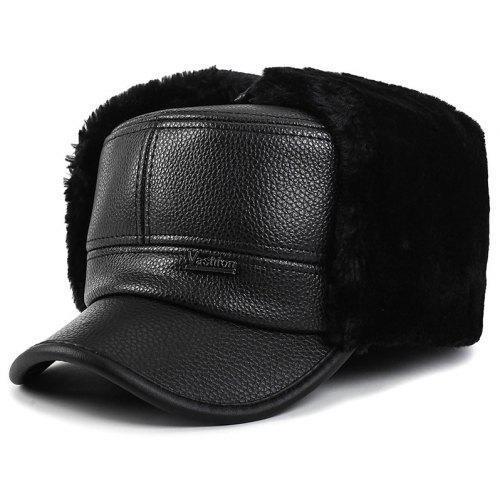 Male Plus Velvet Warm Bomber Hat Fashion Furry Cap Ear Protection Black