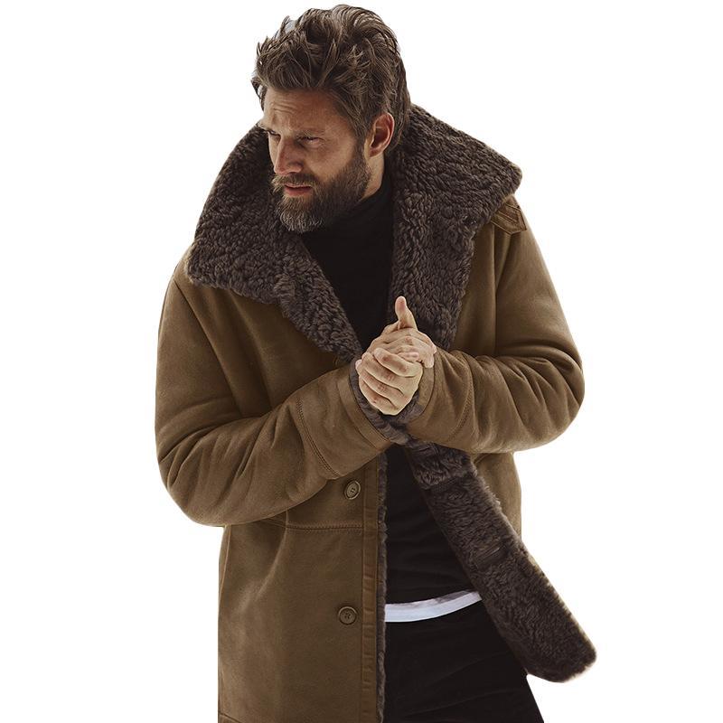 Vicanber Mens Winter Warm Lapel Thick Outwear Trench Coat Fleece Fur Lined Jacket Parka Overcoat(Brown,M)