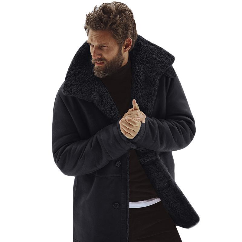 Vicanber Mens Winter Warm Lapel Thick Outwear Trench Coat Fleece Fur Lined Jacket Parka Overcoat(Black,L)