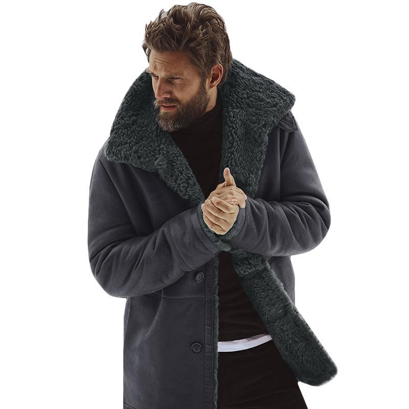 Vicanber Mens Winter Warm Lapel Thick Outwear Trench Coat Fleece Fur Lined Jacket Parka Overcoat(Grey,M)