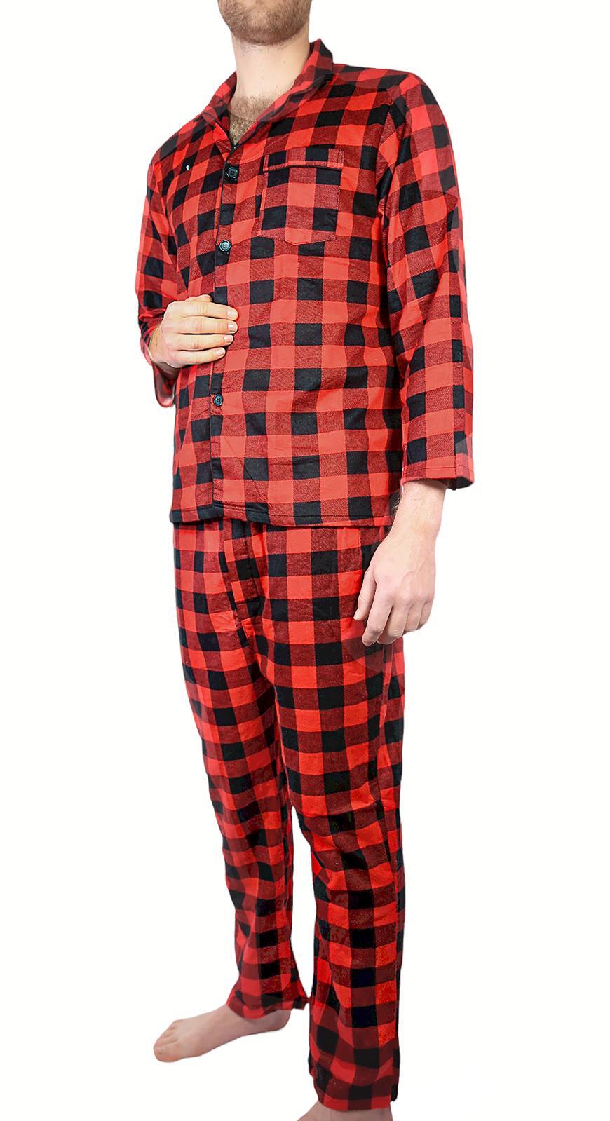 Mens Flannelette Pyjama Set Sleepwear Soft 100% Cotton PJs Two Piece Pajamas - Red - 5XL