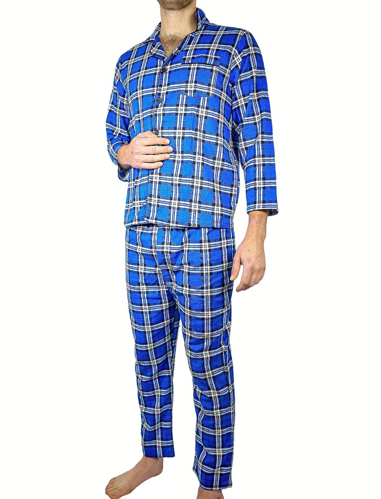 Mens Flannelette Pyjama Set Sleepwear Soft 100% Cotton PJs Two Piece Pajamas - Blue - 3XL