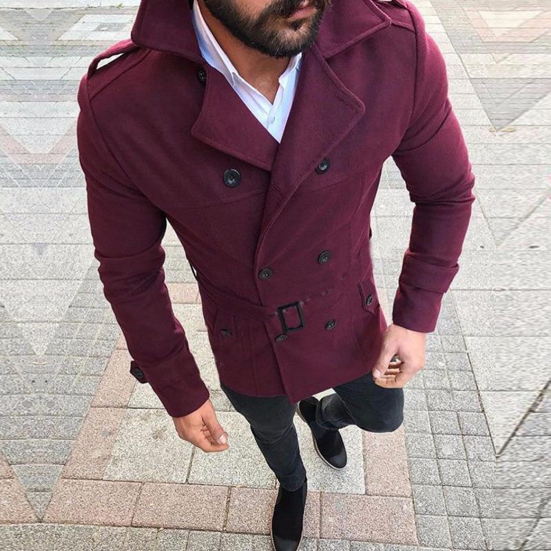Vicanber Men Warm Double Breasted Trench Winter Coat Belted Long Jacket Smart Overcoat Outwear(Wine Red,XL)
