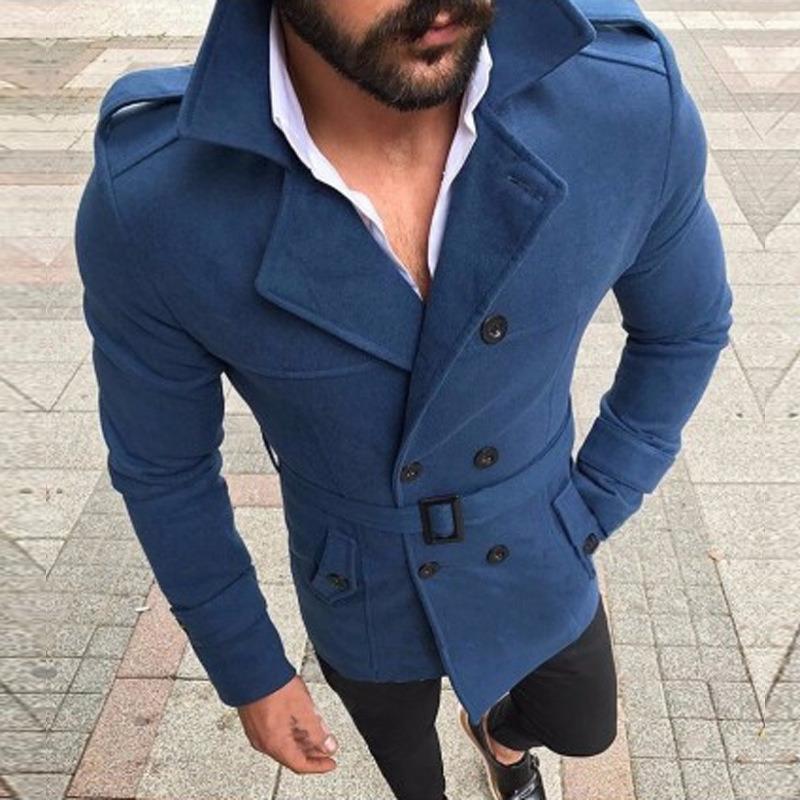 Vicanber Men Warm Double Breasted Trench Winter Coat Belted Long Jacket Smart Overcoat Outwear(Blue,S)