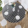 Waterproof Wipeable Elastic Edge Round PVC Table Cloth Oilcloth Moroccan Trellis Tablecloth for Kitchen(Black/L)