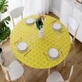 Waterproof Wipeable Elastic Edge Round PVC Table Cloth Oilcloth Moroccan Trellis Tablecloth for Kitchen(Yellow/L)