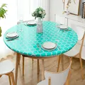Waterproof Wipeable Elastic Edge Round PVC Table Cloth Oilcloth Moroccan Trellis Tablecloth for Kitchen(Green/L)