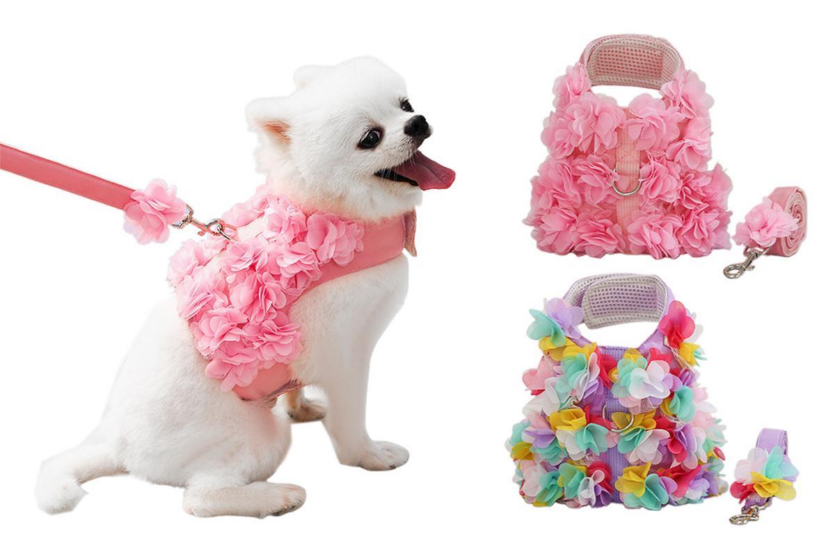 Dog Flower Harness with Leash(Pink/S)